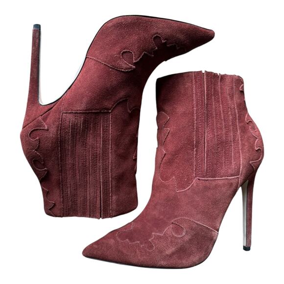 Burgundy suede pointed toe stiletto ankle boots with cowgirl design ASOS size 6 - Picture 4 of 13